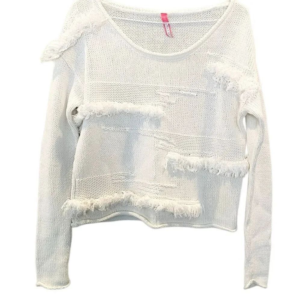 Plenty by Tracy Reese Scoop Neck Long Sleeve Jigsaw Fringe Sweater White Small